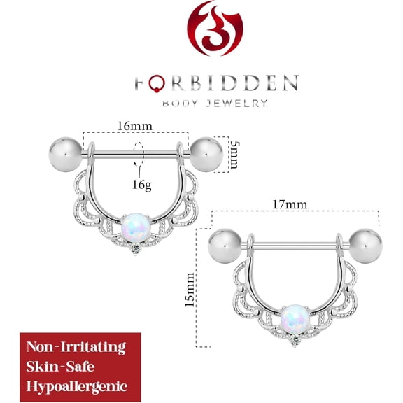 GHRTGR-14g-16g Surgical Steel Synthetic Opal Partial Nipple Shield Filigree Barbell Set