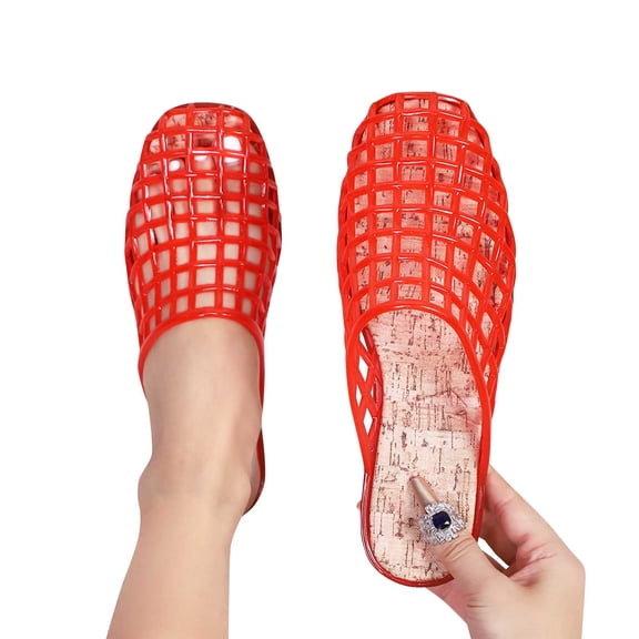 Women's Hollow Jelly Slippers Breathable Flat Casual Summer Lightweight Outdoor Slides Sandals Red 5.5