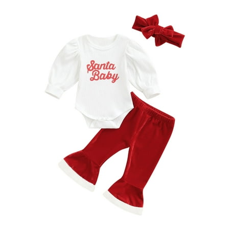 

IZhansean 3pcs Infant Baby Girls Clothes Santa Baby Letter Printed Puff Sleeve Knit Romper+Fur Rufle Flared Pants Sets Red 3-6 Months