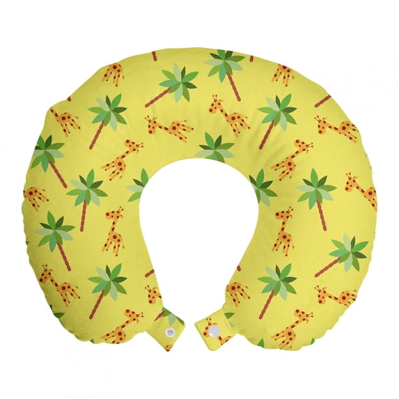 Exotic Travel Pillow Neck Rest, Repetitive Giraffe Palm Trees in Summer Colors Illustration Pattern, Memory Foam Traveling Accessory Airplane and Car, 12", Pastel Yellow Multicolor, by Ambesonne