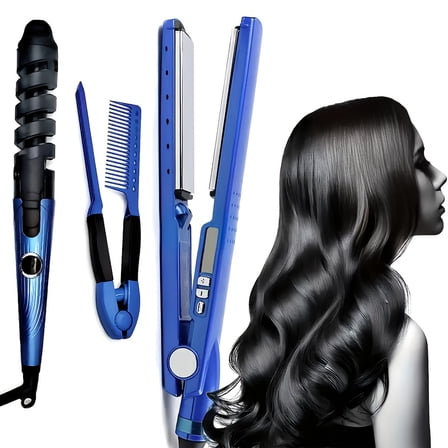 3pcs Professional Hair Styling Set, 5-Temp Adjustable Straightener & Curling Iron, V-Brush, Travel & Home Use for All Hair Types