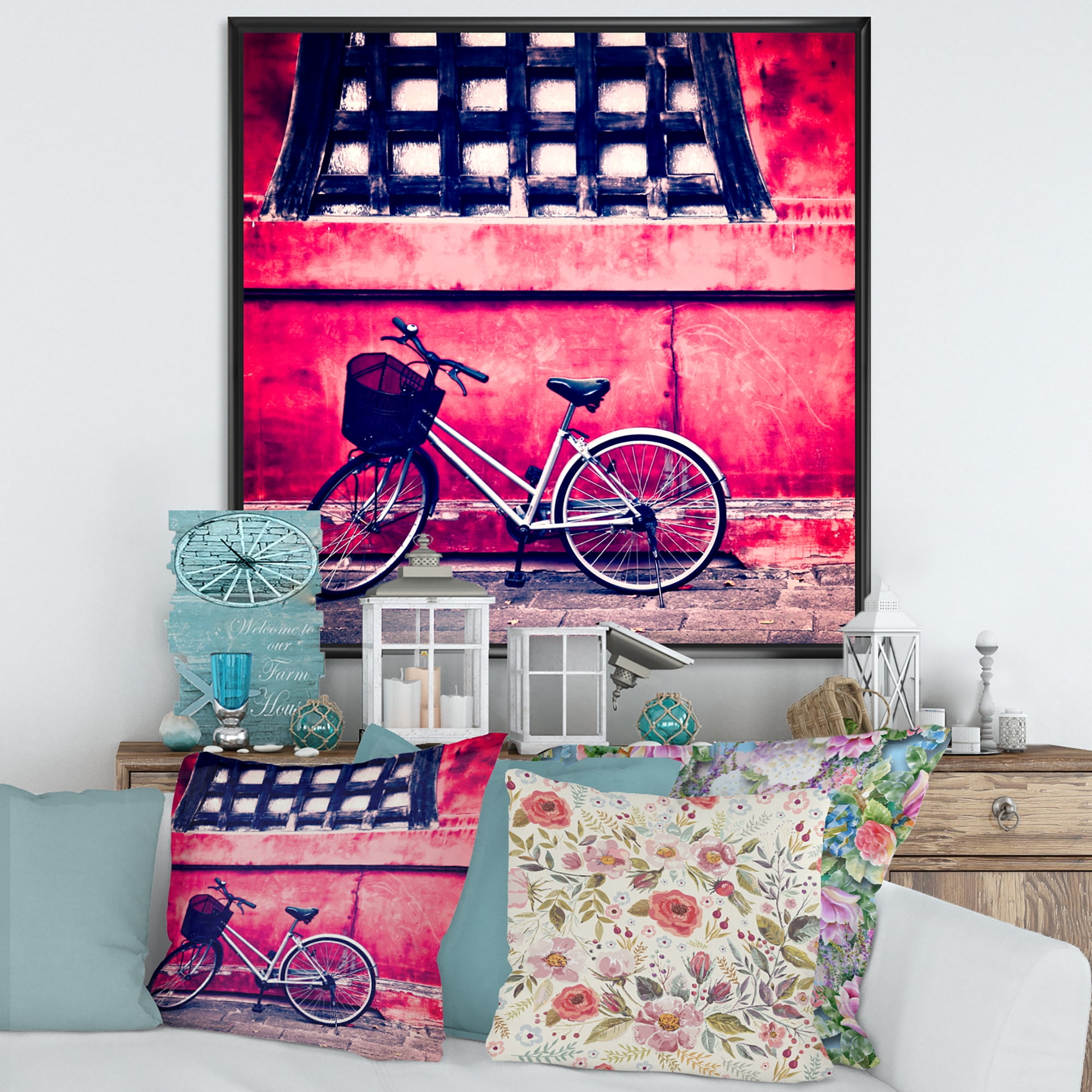 Designart 'Bicycle By Oriental Zozoji Temple Tokyo' Vintage Framed Canvas Wall Art Print