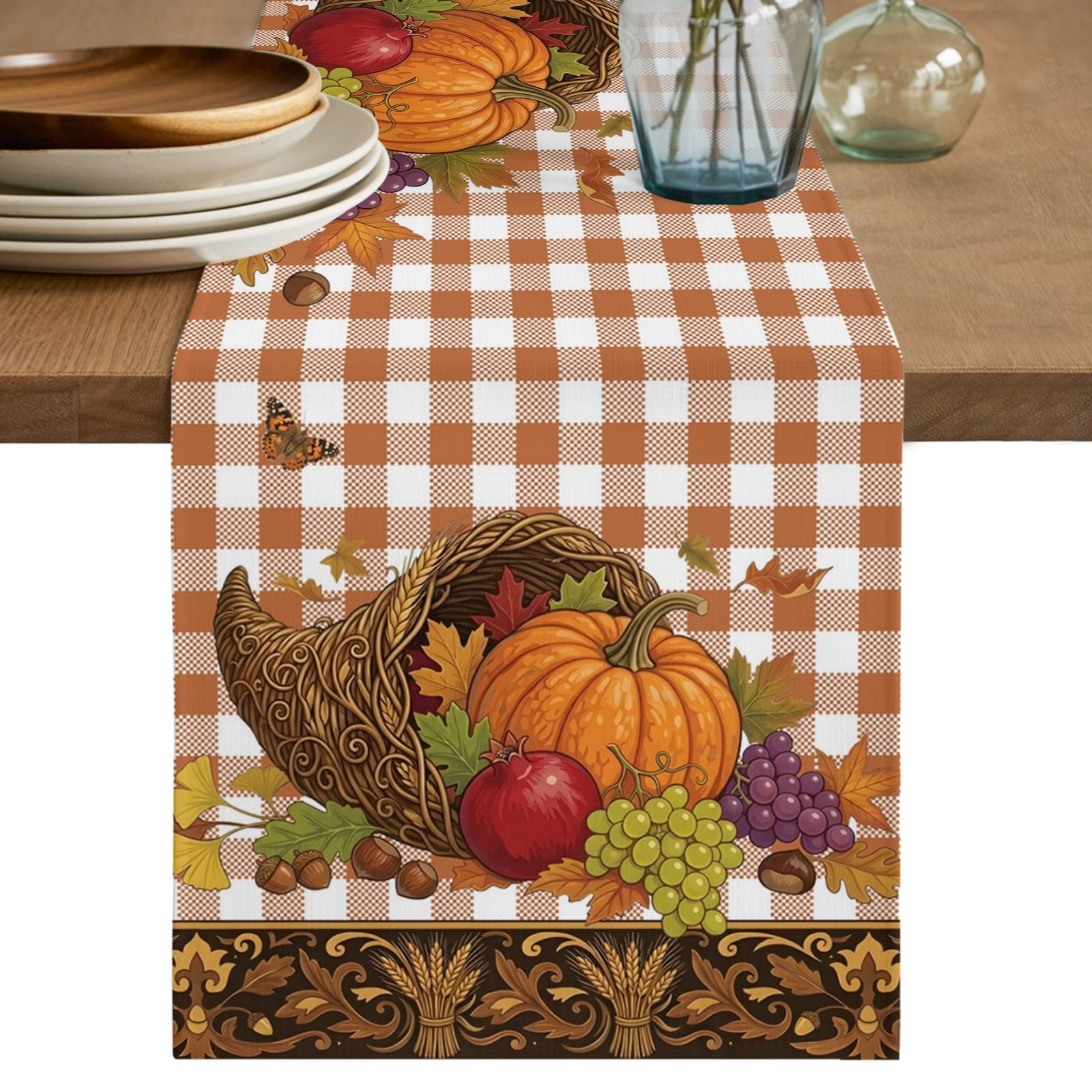 Autumn Thanksgiving Table Runner Cornucopia Pumpkin Harvest Maple Orange Plaid Cotton Linen Table Cloth Tablerunner for Kitchen Dining Party Wedding Home Decor 13x36 Inch