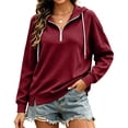 thumbnail image 4 of CQONEPT Women's Quarter Zip Hooded Sweatshirt with Split Hem Loose Fitting Pullover Top Drawstring Long Sleeved Jacket Outfit Wine 2XL, 4 of 7
