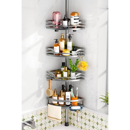 Shower Caddy Tension Pole:Tier Rustproof Bathroom Corner Shelf – Adjustable Bathtub Organizer with Soap Holder-large capacity rack for Shampoo Storage