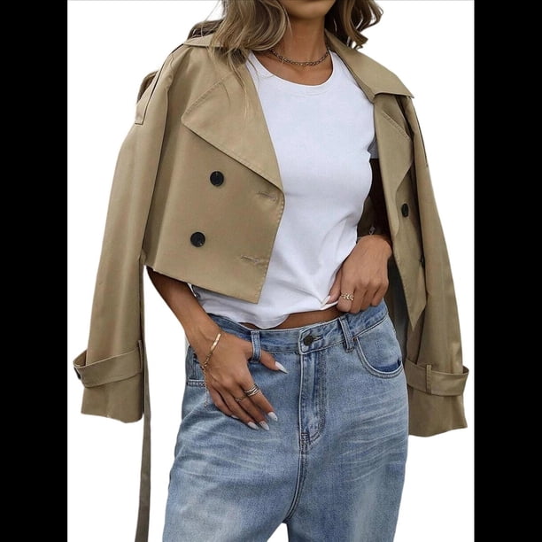 Gabardina Corta con Solapa y Doble Botonadura para Mujer Caqui XL