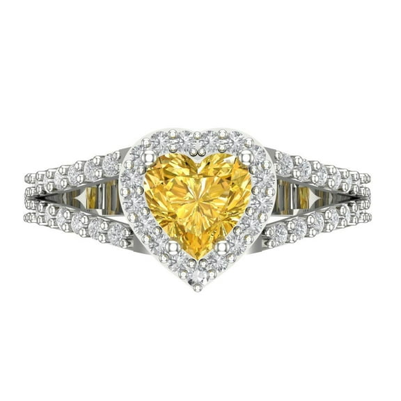 1.49 ctw with Simulated Diamond Halo Accents Anniversary Ring for Women | Heart Cut Simulated Yellow Diamond | Hyperallergenic Solid 14K White Gold