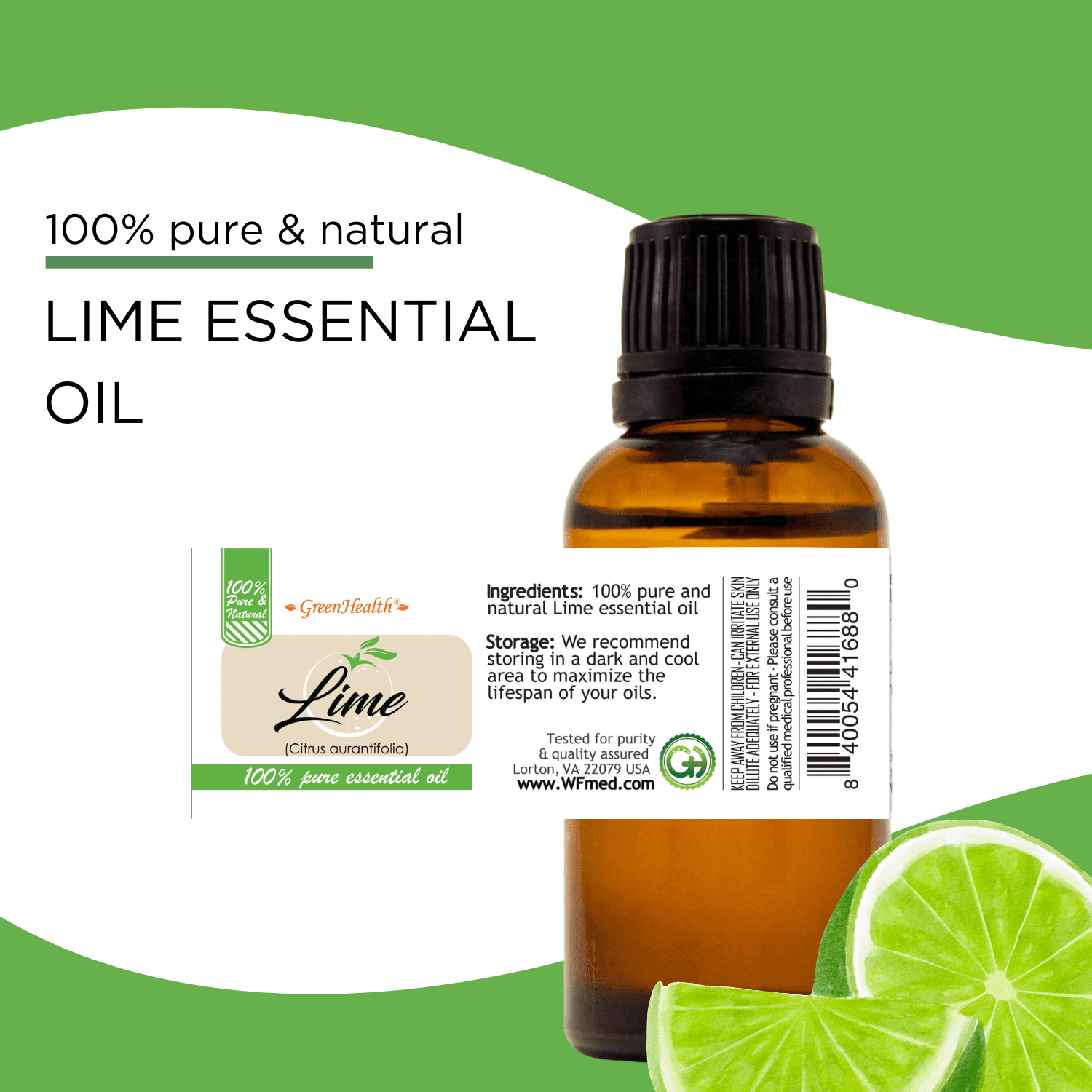 GreenHealth 100% Pure Lime Essential Oil, 8 fl oz (237 ml) Aluminum Bottle with Plug Cap