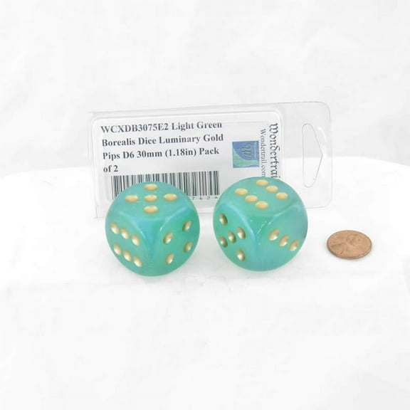Light Green Borealis Dice Luminary with Gold Pips D6 30mm (1.18in) Pack of 2 Wondertrail