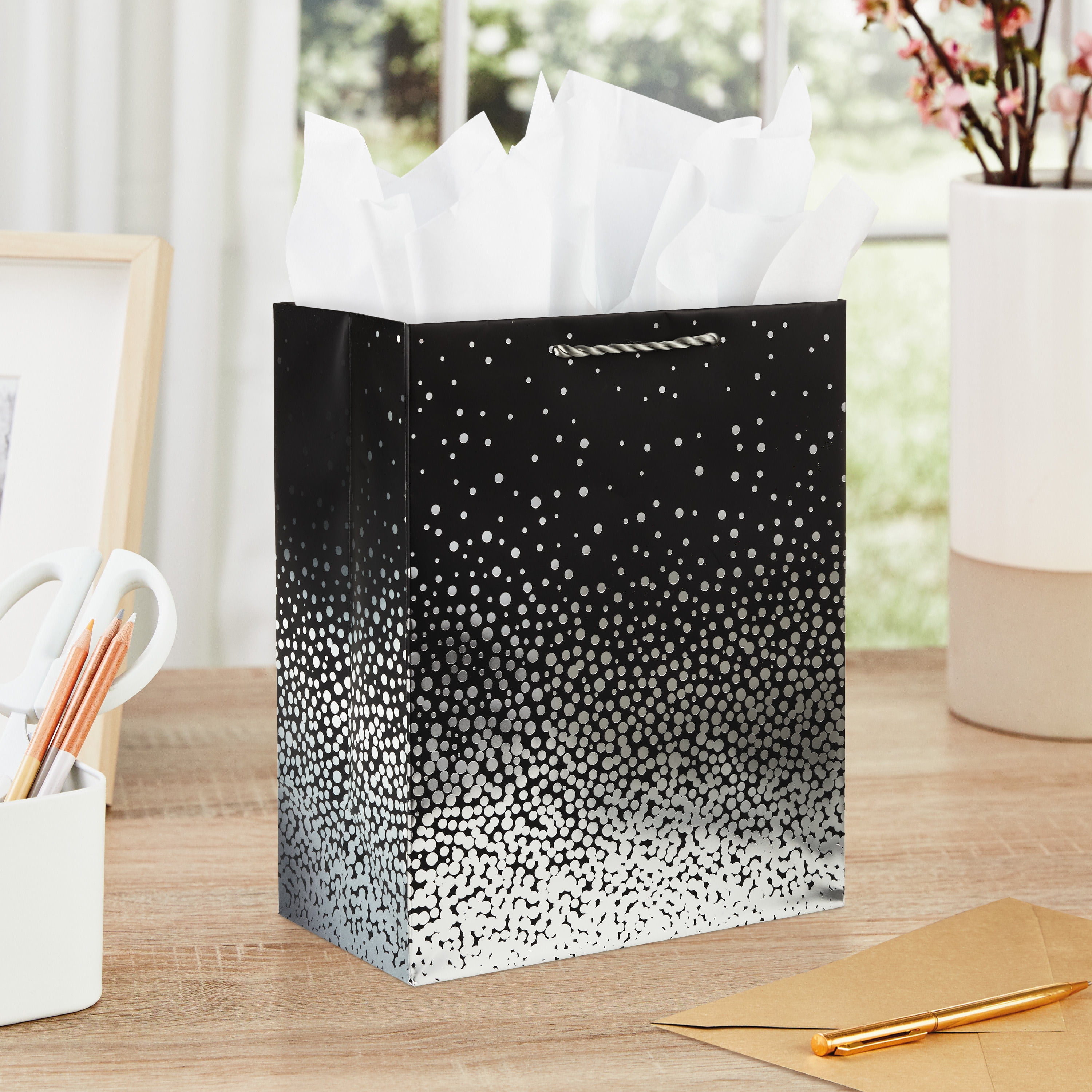 Hallmark Medium Gift Bag (Black with Cascading Silver Dots)