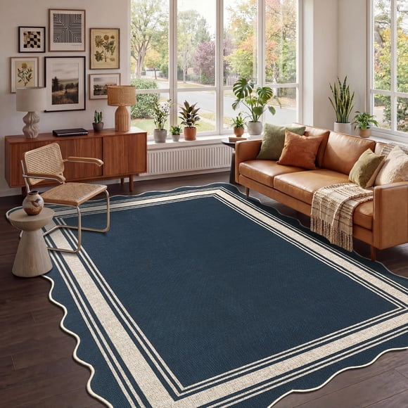GlowSol 9x12 Easy Jute Scalloped Edge Indoor Outdoor Rug, Machine Washable Non Slip Low Profile Farmhouse Carpet for Patio Living Room Bedroom Hallway, Blue