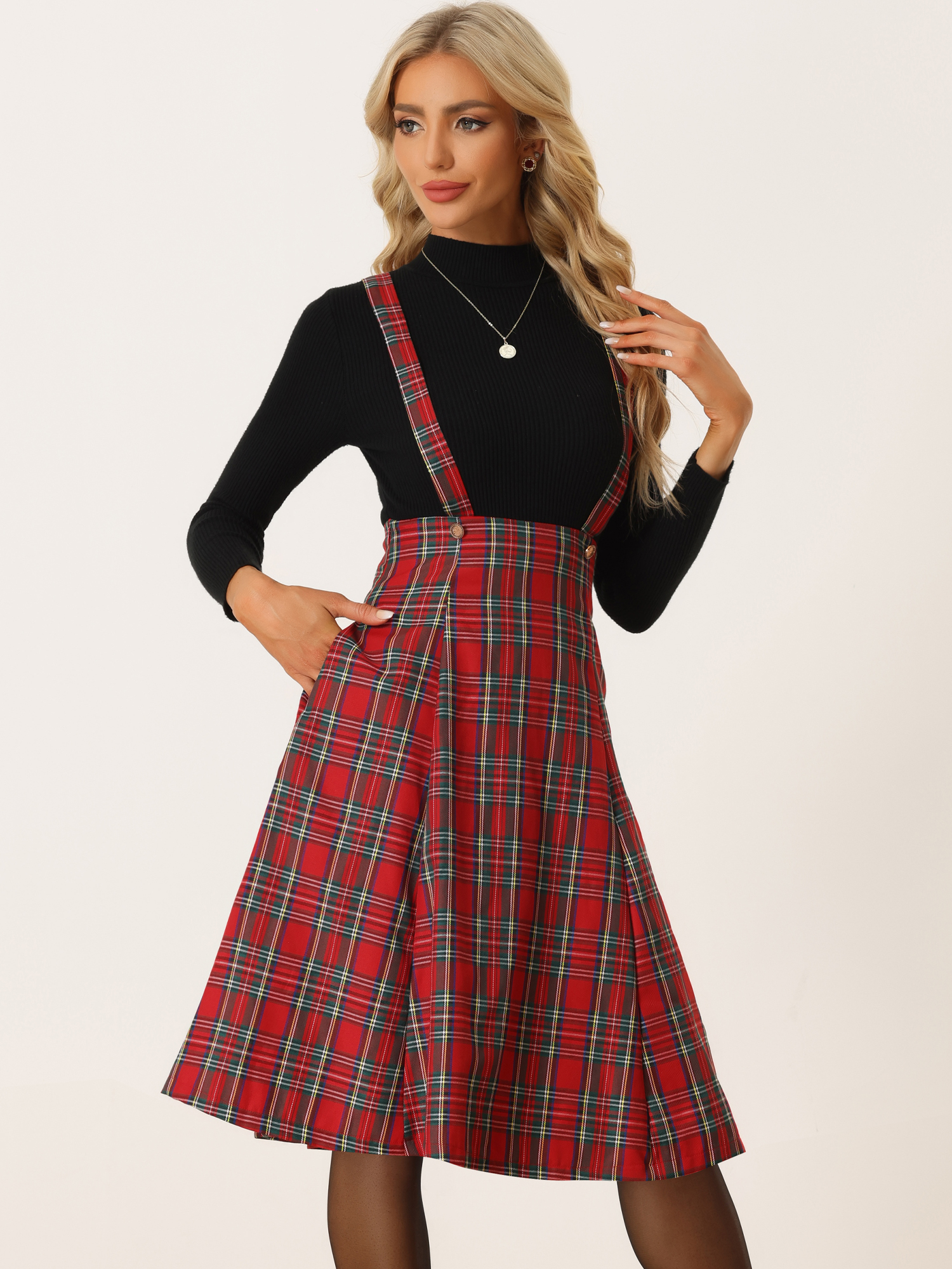 DARING DIVA Women's Tartan Pinafore Overall Plaid Suspender Skirt M Red