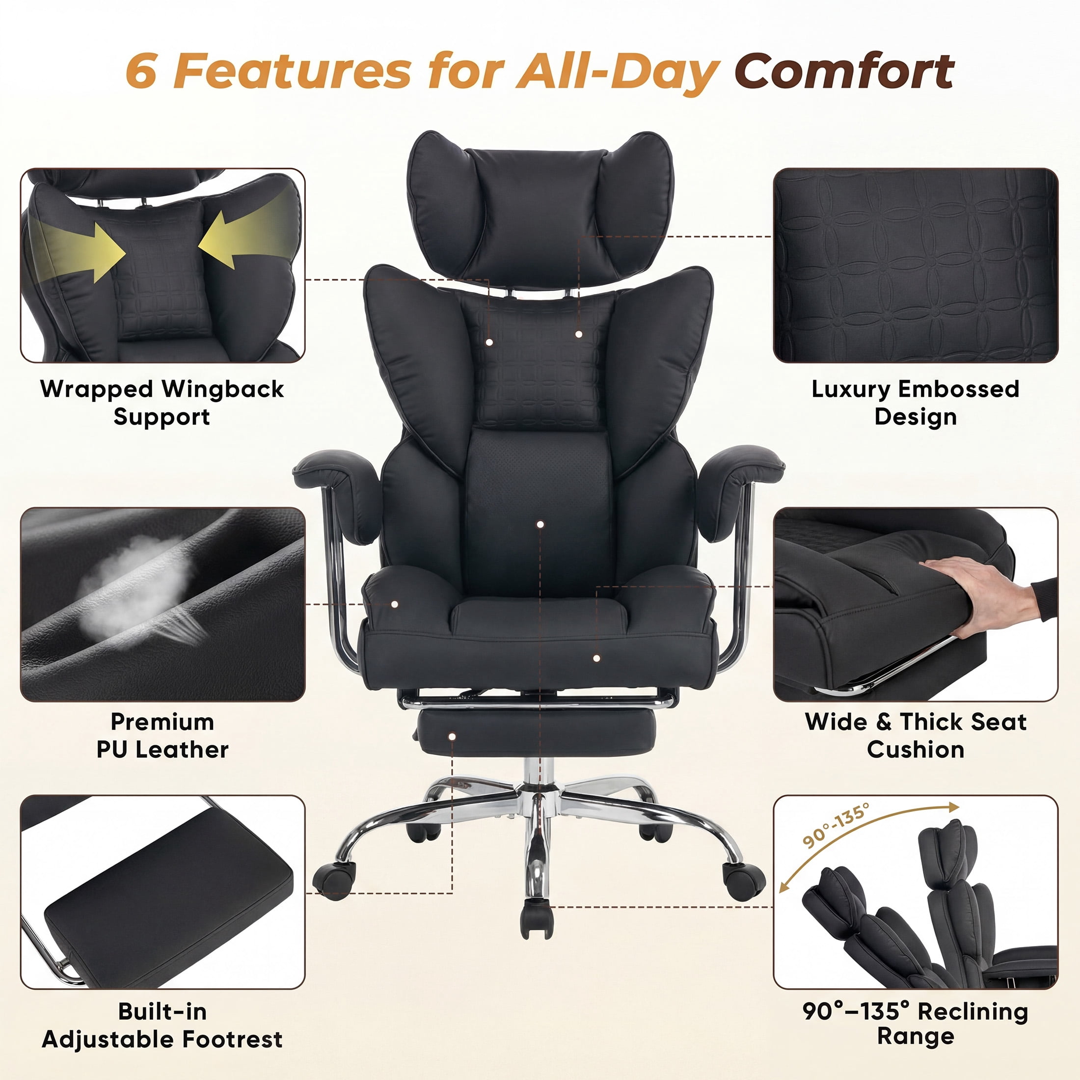 CONCETTA Ergonomic Big and Tall Office Chair, Scratch-Resistant PU Leather Executive Desk Chair with Spring Lumbar Support Black