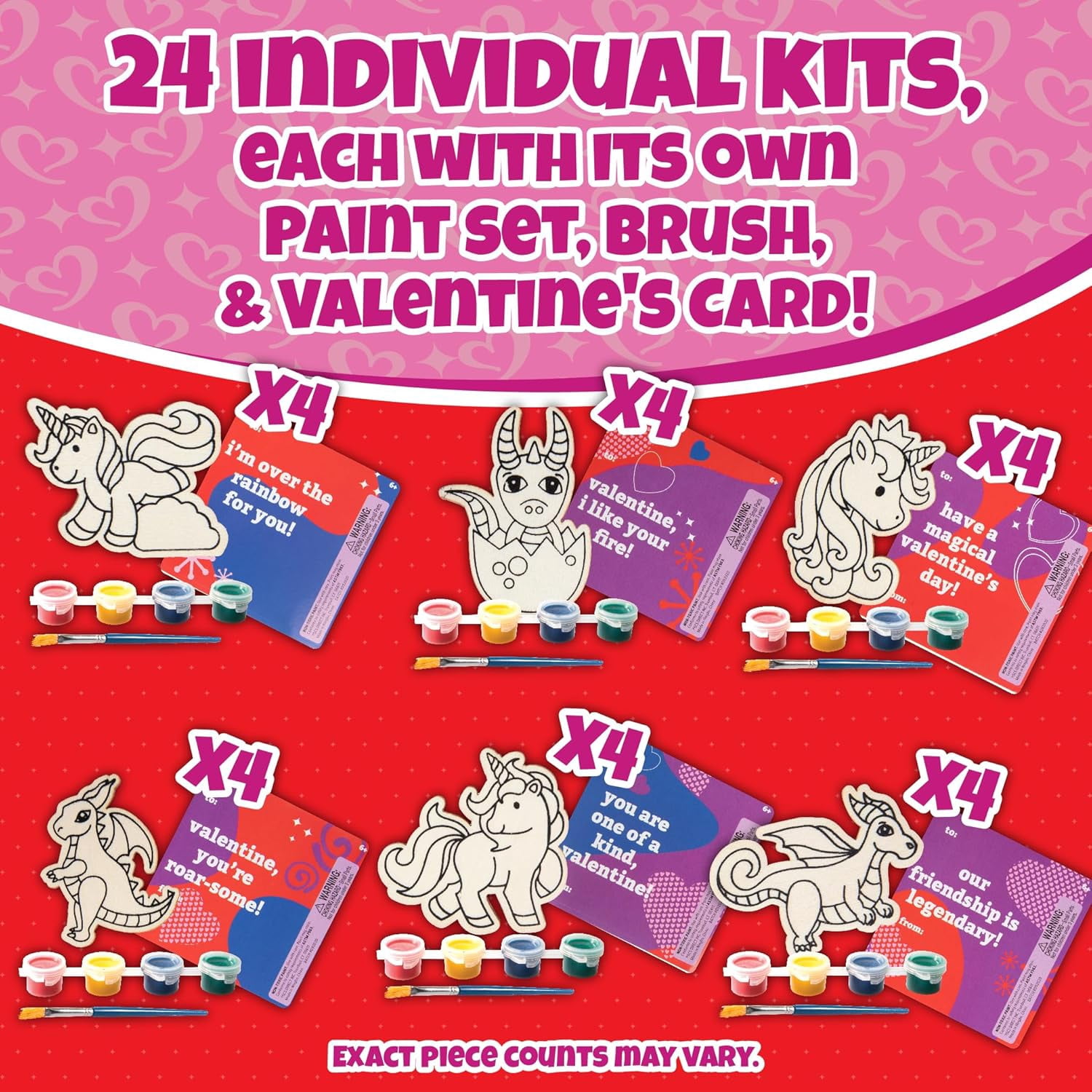 Kids Valentine's Day Cards - Unicorn and Dragon Wood Painting Kits (24ct)- Each Valentines Card Includes Craft w Paints, Brush, and Sticker- Make Classroom School Exchange Gifts Fun for Boys & Girls