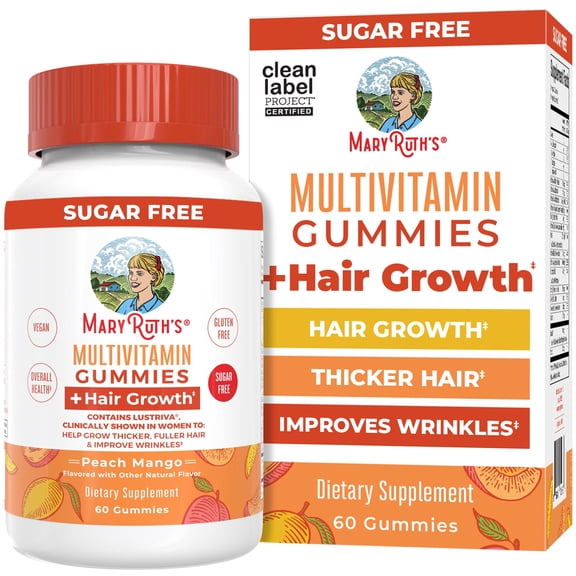 MaryRuth Organics Multivitamin Gummies   Hair Growth Gummies, Peach Mango, Gluten-Free, Vegan, 60 Count