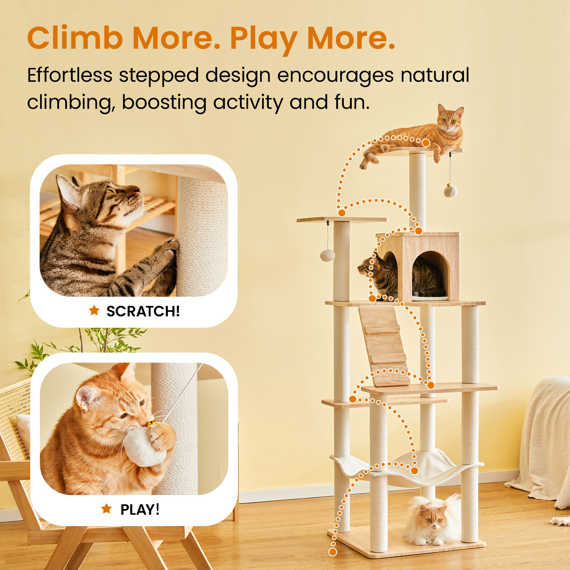 MWPO Large Modern Cat Tree - 70 inch Tall Cat Tower for Indoor Cats, Multi-Level Cat Condo with 7 Fully Wrapped Scratching Posts,Spacious Perches, Hammock, Removable Pad & Dangling Balls-Light Brown