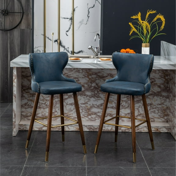 Roundhill Furniture Nevis Mid-Century Modern Faux Leather Tufted 29.5 in. Bar Stool - Set of 2, Blue