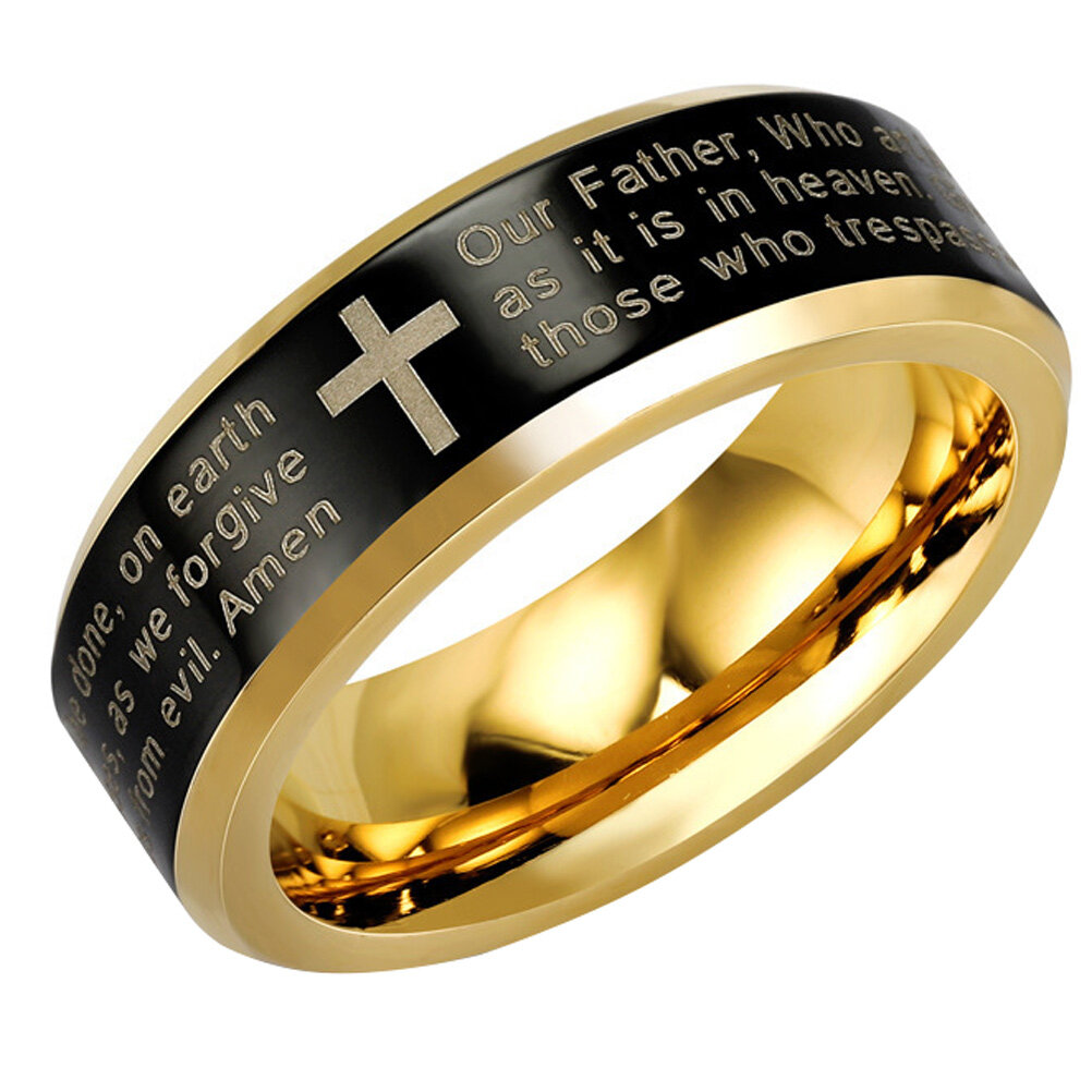 Biblical Ring Prayer Cross Ring Wedding Bands Engraved Steel Cross Ring