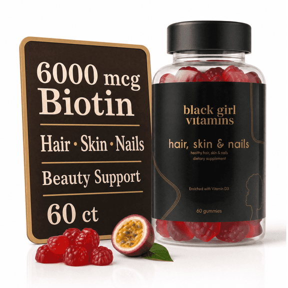 Black Girl Vitamins - Hair, Skin, and Nails Gummies with Biotin (6000 mcg), Zinc, Gelatin Free, Vitamin A, and Vitamin E - Gluten-Free. Made in The USA (Passion Fruit, 60 Count) 30 Day Supply