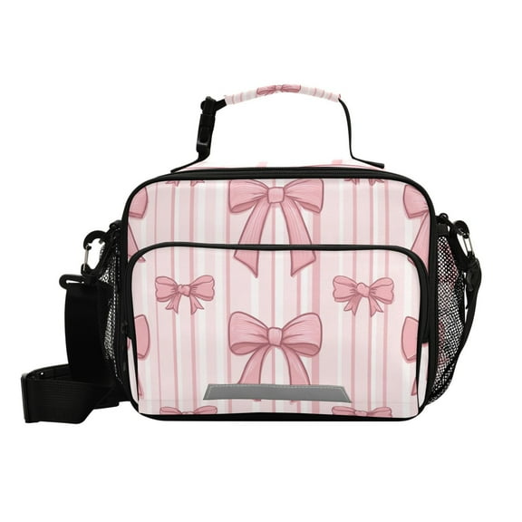 Vertical Pink Stripes with Bows Insulated Lunch Bag Portable Cooler Bag Mommy Bag Large Capacity 6L