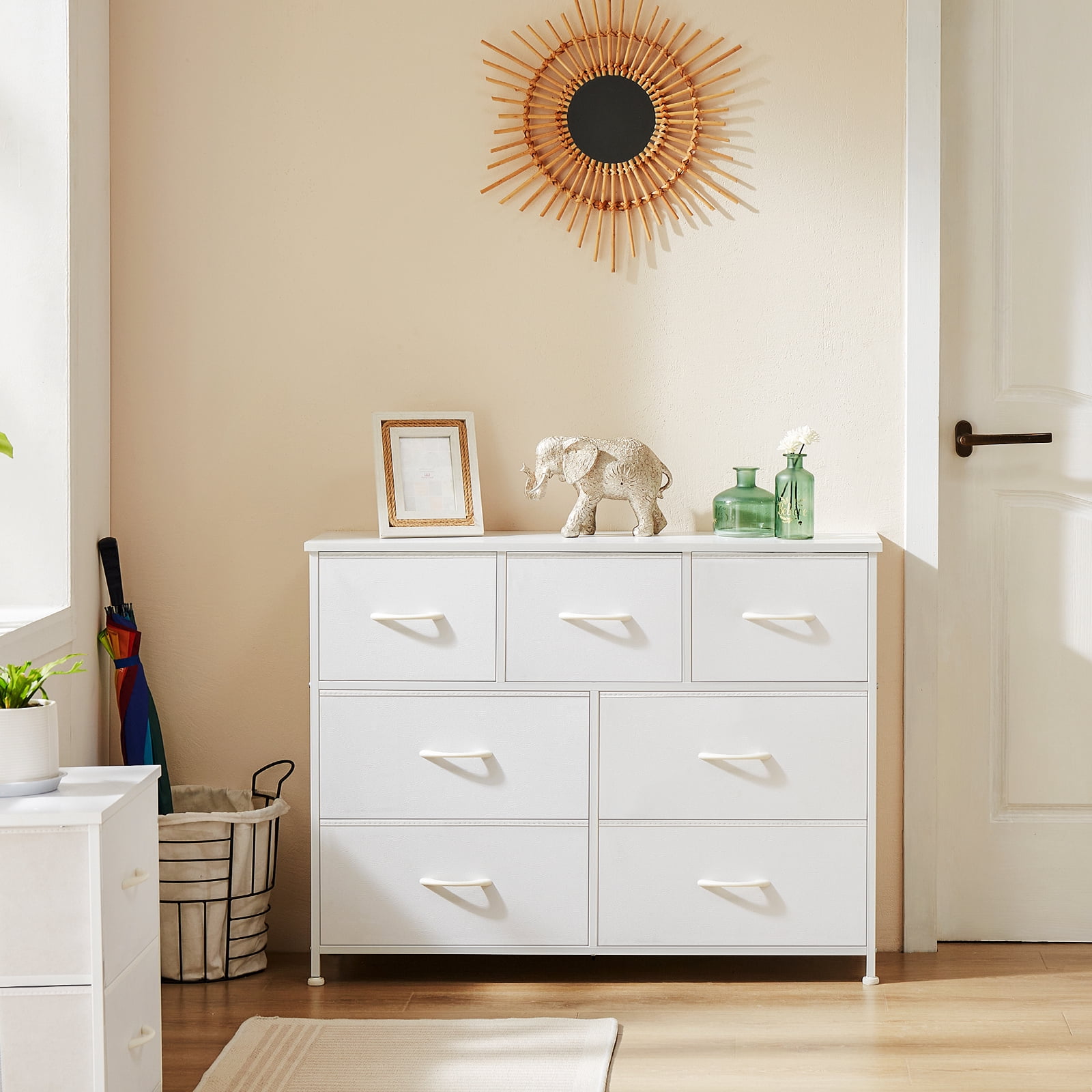 MCQ 7 Drawer Fabric Dresser, Chest of Drawer Organizer Storage Cabinet for Closet, Entryway, Bedroom, Living Room, White
