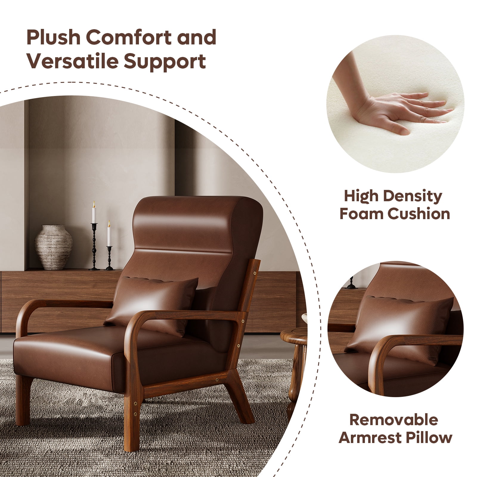 Bestier Mid-Century Modern Accent Chair with Solid Wood Frame & Pillows, 37" Upholstered Reading Lounge Chair for Living Room, Bedroom, Brown PU Leather