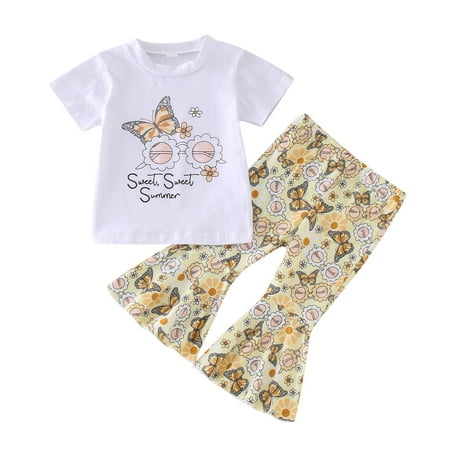 

Toddler Girls Short Sleeve T Shirt Tops Cartoon Butterfly Printed Bell Bottoms Pants Kids Outfits Baby 5 Baby Girl Summer Clothes 3-6 Months