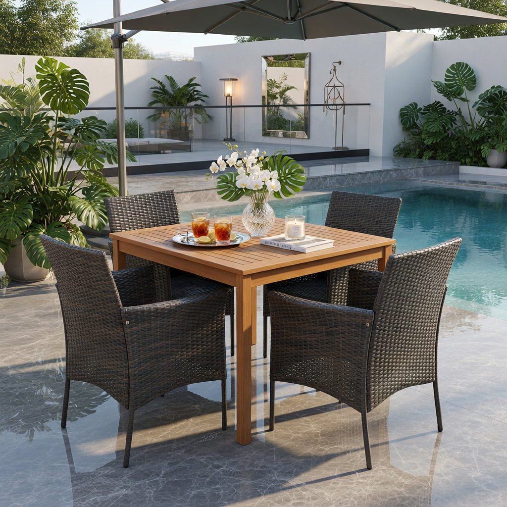 Hommoo 4-Piece Outdoor Dining Chair Set with Off-White Cushions, PE Rattan & Acacia Wood Frames, Rust-Resistant Metal Base, Patio, Poolside & Balcony Ready, Brown