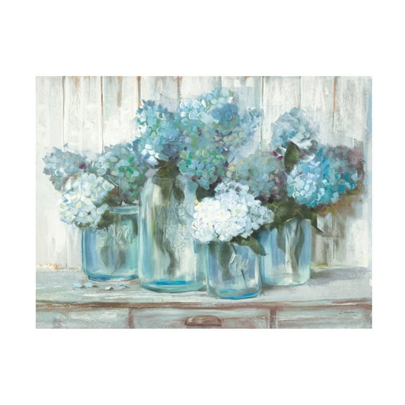 Carol Rowan 'Hydrangeas In Glass Jars Blue' Canvas Art