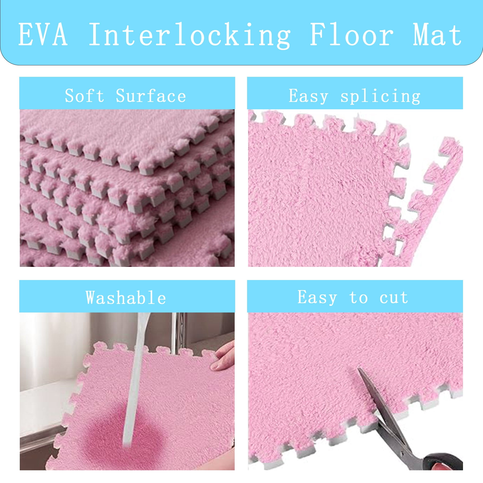 Interlocking Carpet Shaggy Soft EVA Foam Mats Fluffy Square Thickened Plush Tiles Protective Floor Tiles Exercise Play Mat for Children Kids Room Home Parlor Bedroom (Pink, 12 Pcs)