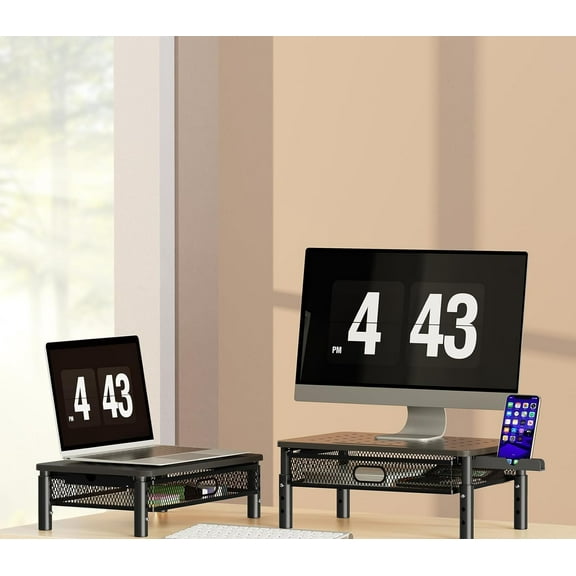 Adjustable Monitor Stand with Metal Drawer and Phone Holder for Computer, Laptop, Printer