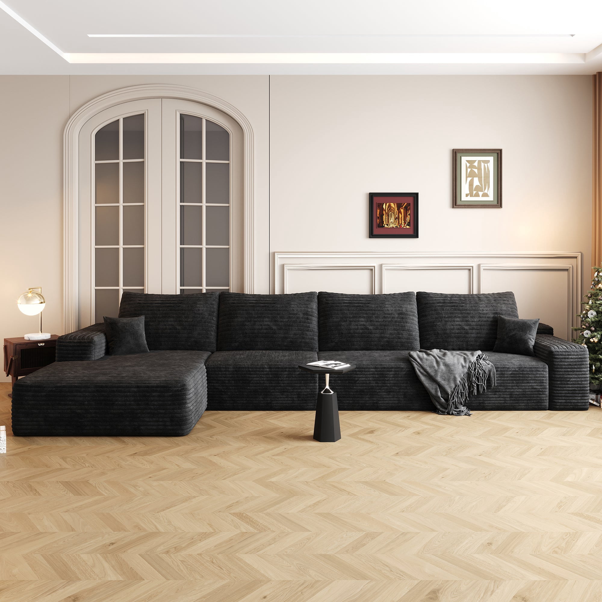 Sailvan 135" Cloud Sectional Couch, Cloudy Sofa with L-Shape Chaise, Upholstered Couches for Living Room & Bedroom, No Assembly Required, Plush Corduroy Fabric, Black