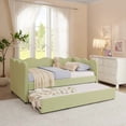 thumbnail image 3 of Bellemave Twin Size Daybed with Pop Up Trundle, Twin to King Daybed with USB Charging Port, Plaid Linen Upholstered +Wood Extendable Sofa Bed for Living Room/Bedroom/Guest Room,Green, 3 of 9