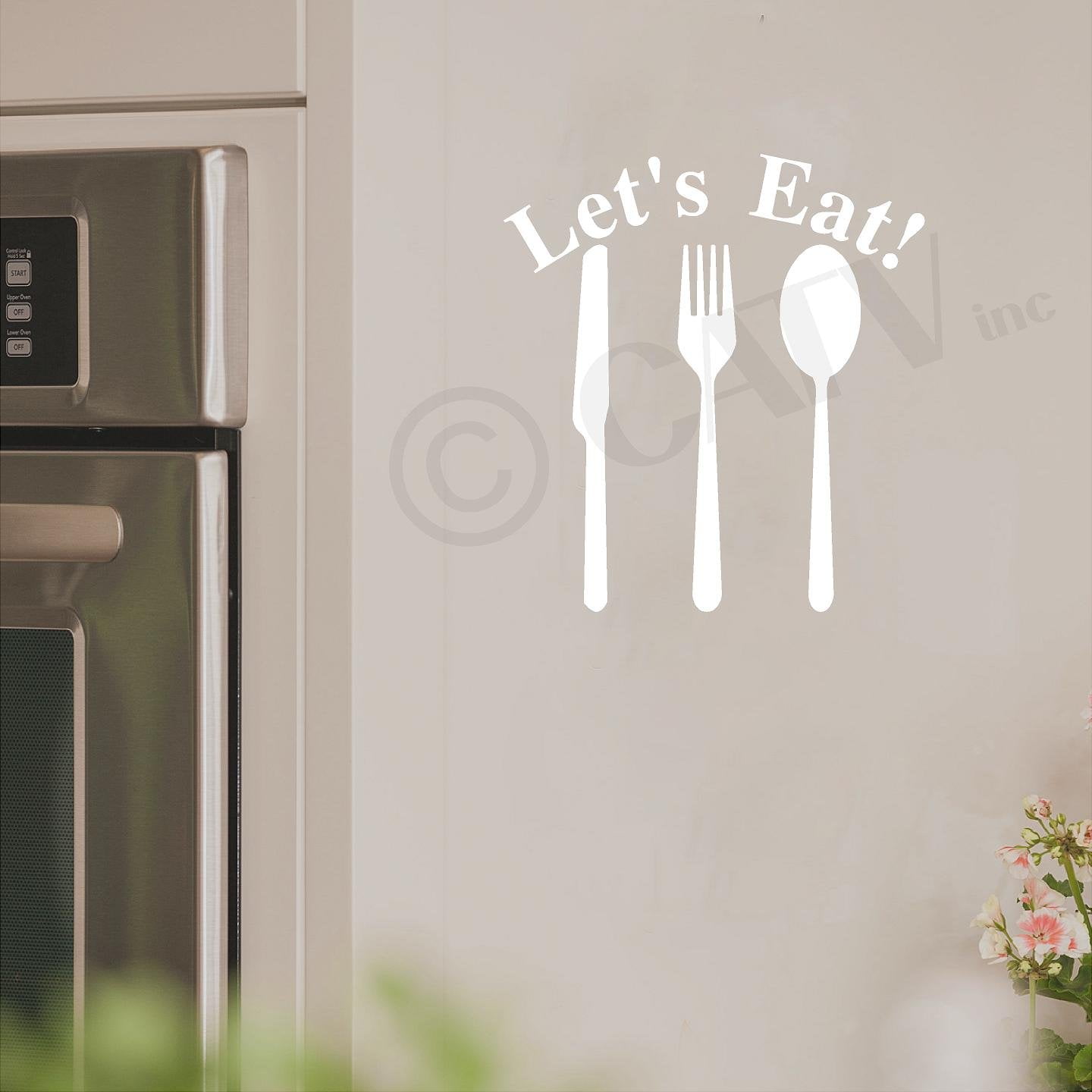 Let's Eat with Knife Spoon and Fork Kitchen Quote Vinyl Lettering Wall