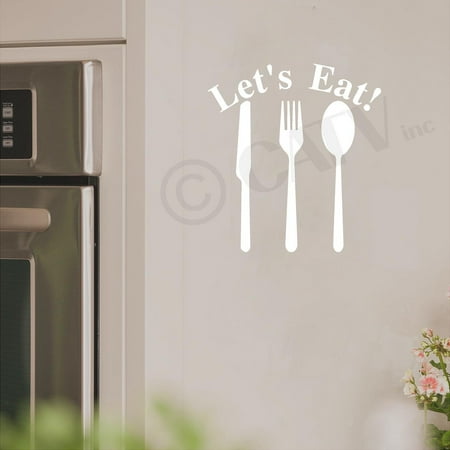 Let's Eat Knife Fork And Spoon Wall Saying Vinyl Lettering Decal Sticker (11.5"H x 10.5"W, White)