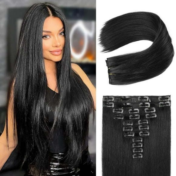 Hair Extensions, 11PCS Clip in Hair Extensions 24" Long Straight hair extensions HE005 Natural Soft Synthetic Hairpieces for Women – Black