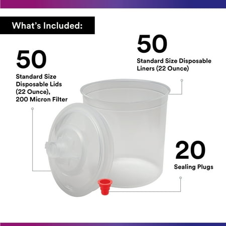 3M PPS Paint Spray Gun Cup Lids and Liners Kit, Clear, Standard, 22 oz, 200-micron Filter, Use w/ Paint Gun for Cars, Furniture, Home, 50 Disposable Lids and Liners, 20 Sealing Plugs