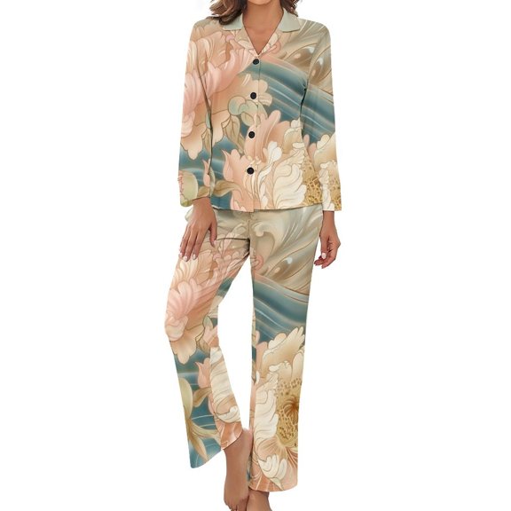 Wave Peony Women's Long Sleeve Flannel Pajama Set Sleepwear XL