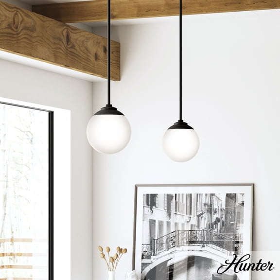 Hunter - Hepburn 1-light Matte Black, Medium Size Pendant Light, Dimmable, Modern Style, Globe Shaped, for Bedrooms, Dining, Living Rooms - 19871