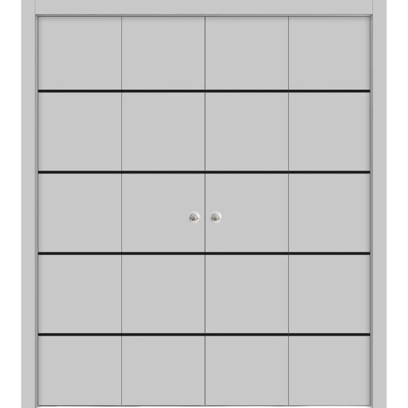 Sliding Closet Double Bi-fold Doors | Planum 0015 Grey Matte with Frosted Glass | Sturdy Tracks Moldings Trims Hardware Set | Wood Solid Bedroom Wardrobe Doors