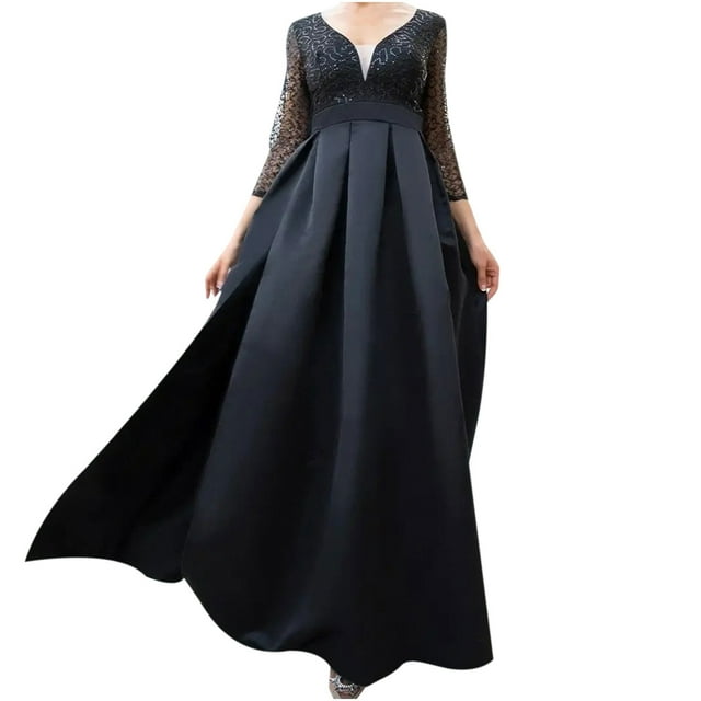 Pompotops Mode Femme Aguichant Col en V Manches Mi-Longues Paillettes Solides Fente Haute Robe de Cocktail Longue