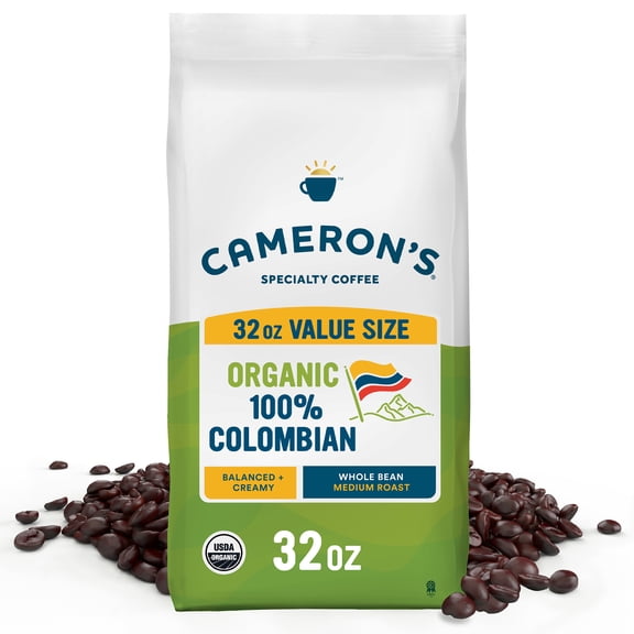Cameron's Coffee Organic 100% Colombian Medium Roast Whole Bean Arabica Coffee, Balanced & Creamy, 32 oz Bag