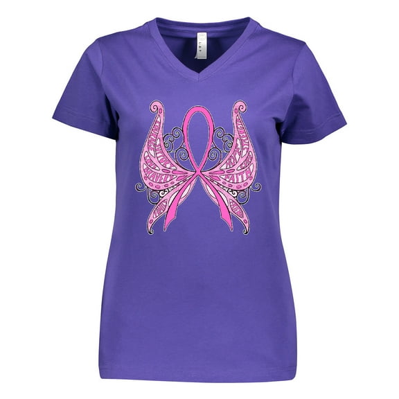 Inktastic Breast Cancer Awareness with Butterfly Ribbon Words Women's V-Neck T-Shirt