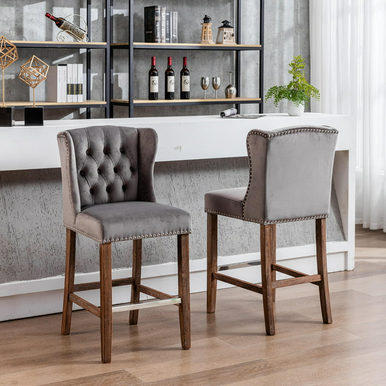 27" Padded Bar Stools, Tufted Velvet Upholstered Wing-Back Barstools with  Nailhead Trim, Footrest and Solid Wood Legs, Comfy Button Tufted Counter  Height Chairs with Tufted Back (Grey,Set of 2) - Walmart.com