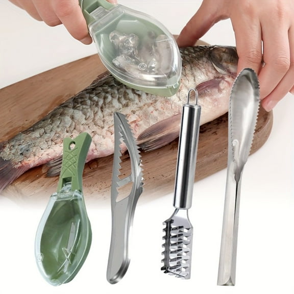Stainless Steel Fish Scale Remover 4-Piece Set - Kitchen Fish Scaler and Cleaner with Bottle Opener, Professional Fish Skin Grater and Scraper Tools