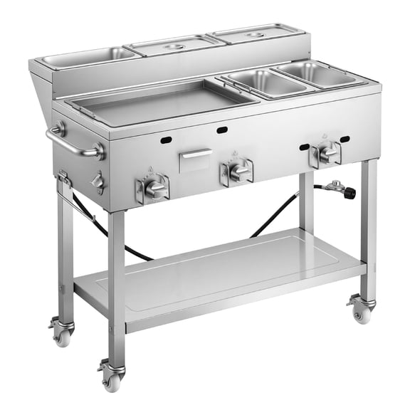 KFFKFF Outdoor Propane Griddle with 3 Burners (11,600 BTU Each), Stainless Steel Cooking Surface, Includes Two 1/3 Size Food Warming Pans, Portable Design with 4 Lockable Wheels