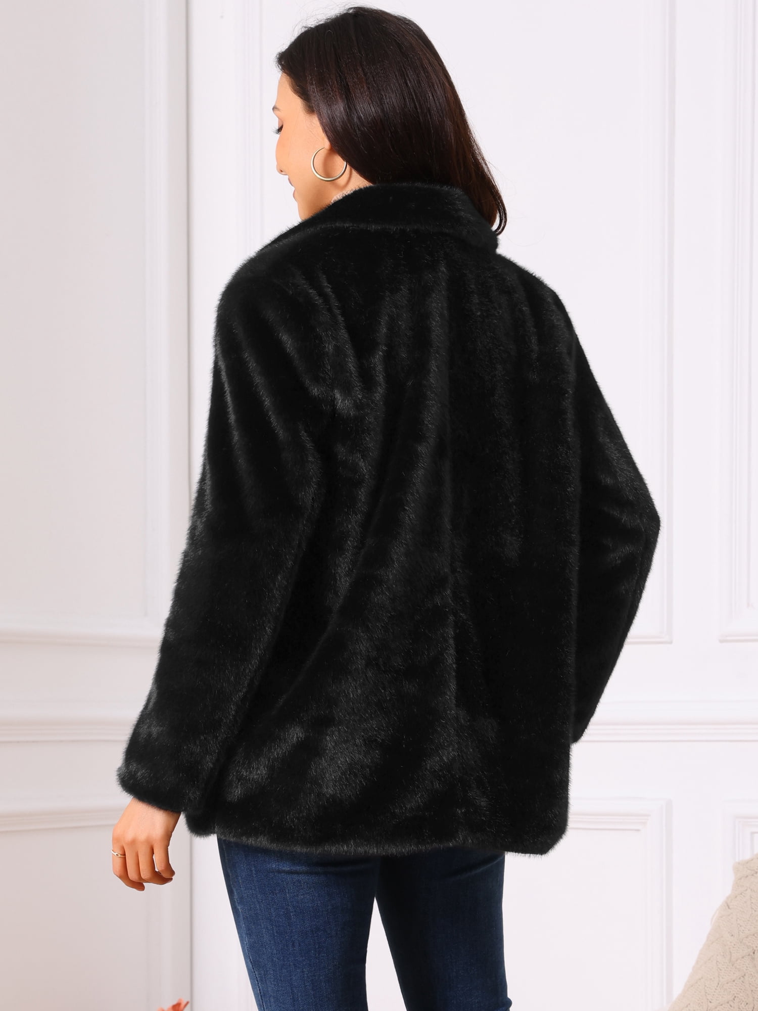 DARING DIVA Women's Faux Fur Coat Open Front Notch Lapel Jacket XL Black