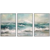 PixonSign Framed Canvas Print Wall Art Set Coastal Ocean Wave Beach Watercolor Seascape Nature Wilderness Illustrations Modern Art Decorative Rustic Relax/Calm Colorful for Bedroom - 24"x36"x3 White