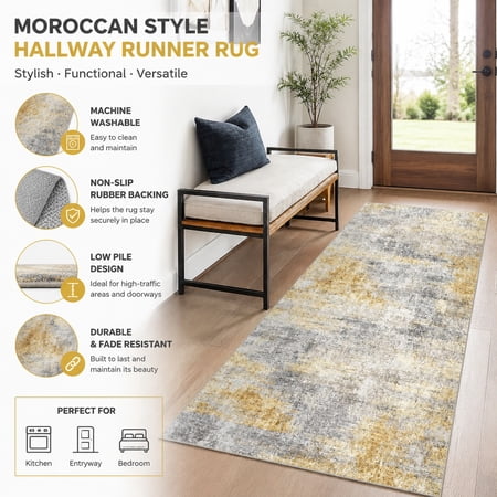 3x4 Washable Entryway Rug Modern Abstract Small Runner Carpet Soft Non-Slip Door Mat with Rubber Backing Low Pile Thin Floor Carpet for Hallway Kitchen Bathroom Bedroom Grey Yellow