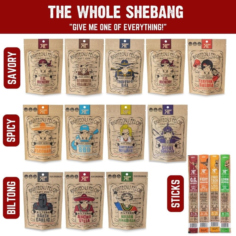Righteous Felon Jerky & Meat Sticks Variety 16 Pack - High Protein, Low Sugar Gifts for Men